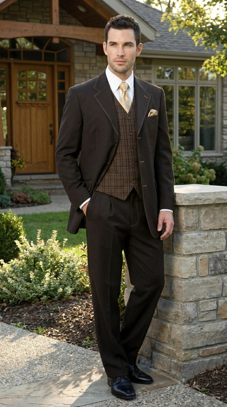 Men’s Dark choclate Brown Three Buttons 3 Piece Suit – Classic Brown 3PC Wedding, Church and Business Formal Suit for Men - 34 Short or Extra Small