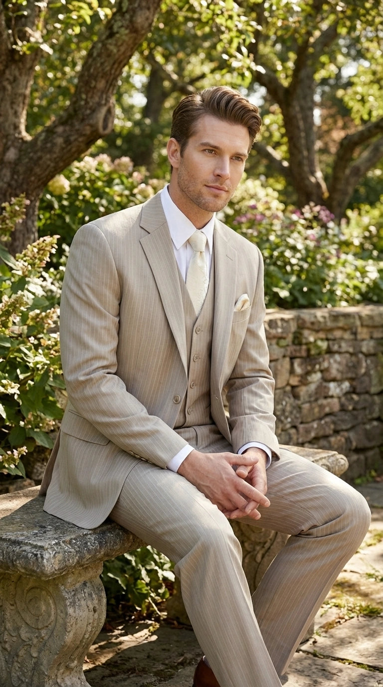 Men’s Tan Pinstripe Three Piece Suit – Classic Fit Pleated Pants  Tan Sand Beige Wedding, Church Shadow Ton on Tone  Business Suit for Men - 34 Short or Extra Small