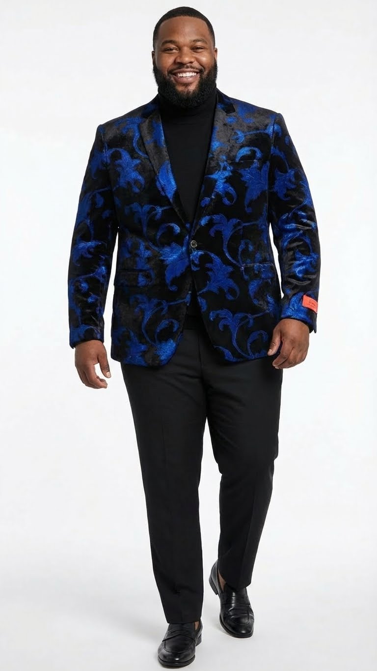 Men’s Black and Royal Blue Patterned Blazer – Paisley Floral Sport Coat Prom Jacket - 36 Short
