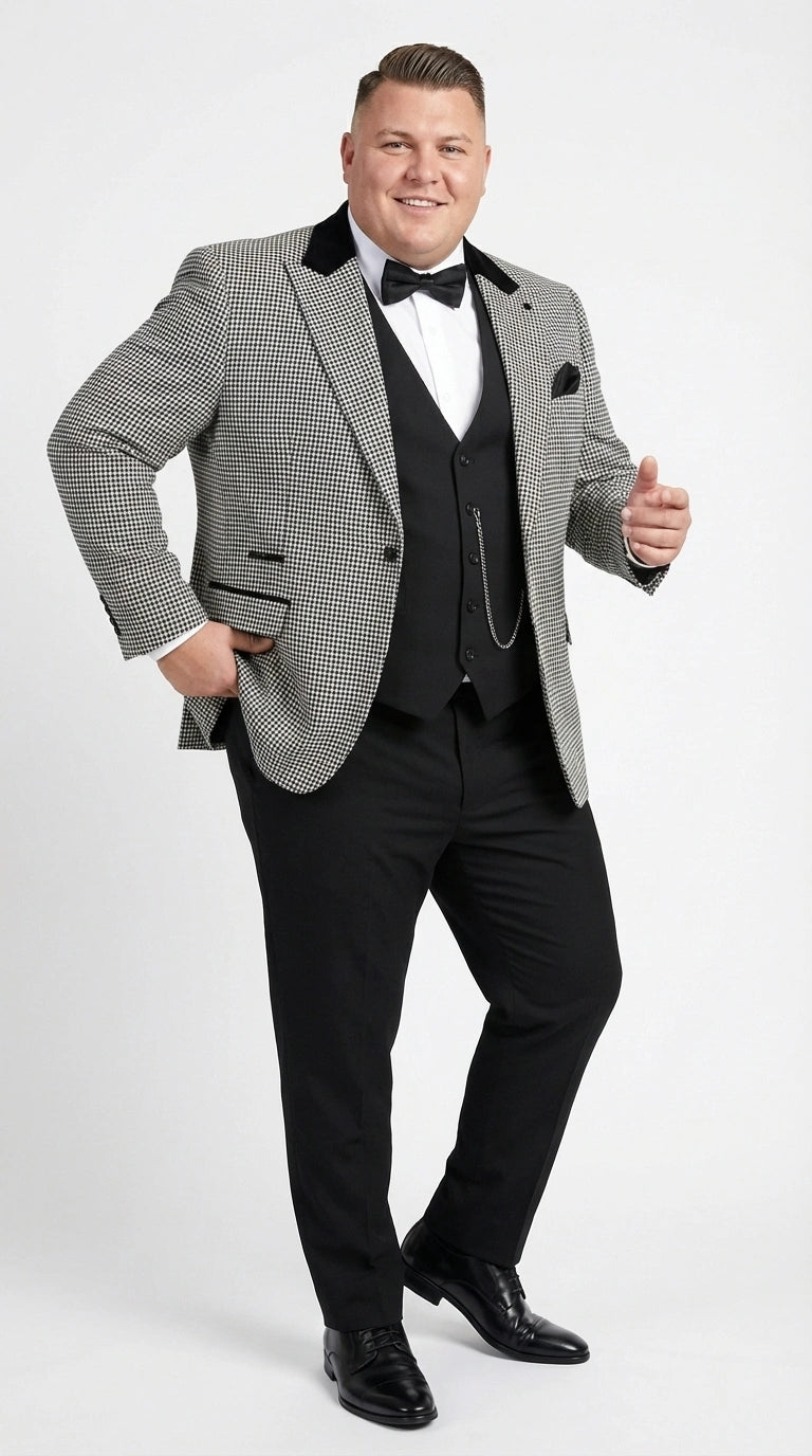 Men’s Black and White Houndstooth Gatsby Inspired Suit – Vintage Style Formal Suit for Wedding, Prom and Classic Events Blazer + Black vest + Black Pants - 34 Short or Extra Small