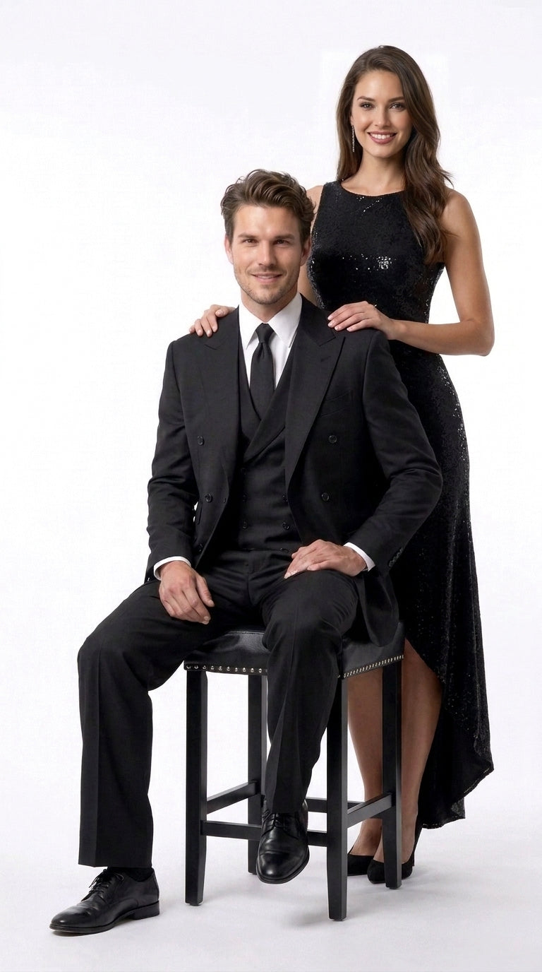 Tiglio Rosso Men’s Black Super 150’s Italian Wool 3-Piece Suit – Double-Breasted Jacket, Vest and Wide-Leg Pleated Pants - 34 Short or Extra Small