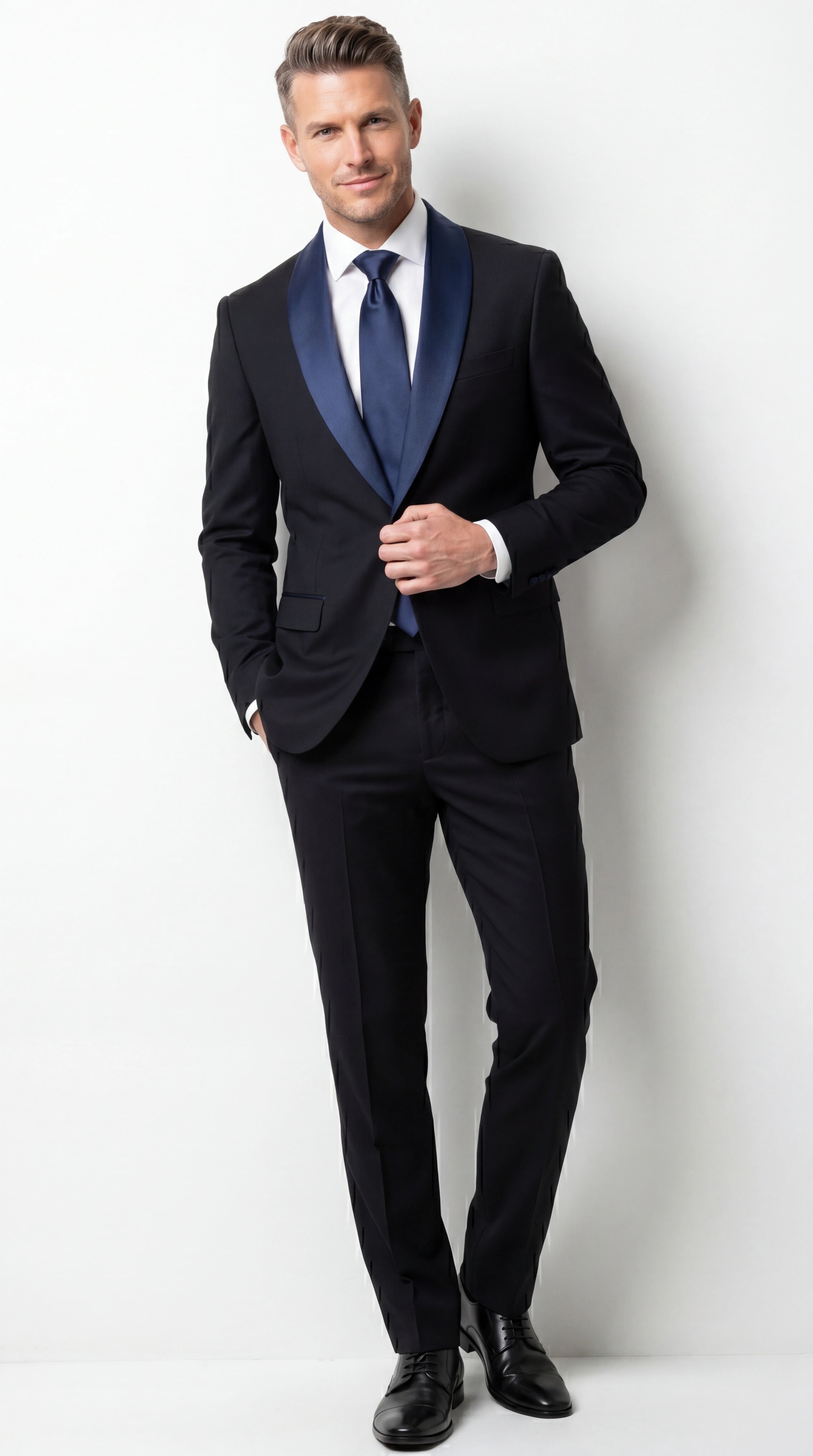 Men’s Black Suit with Navy Blue Lapel – Elegant Formal Tuxedo Style Suit for Wedding, Prom, Party and Evening Wear - 34 Short or Extra Small