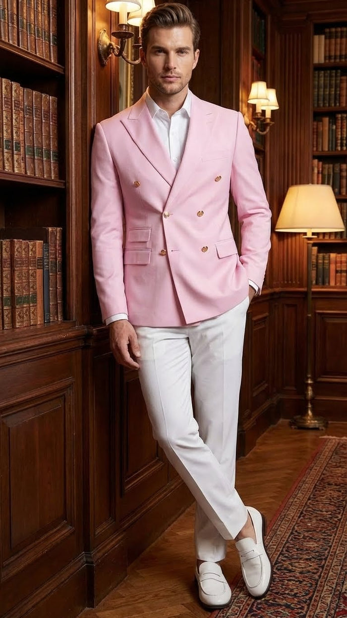 Mens Light Pink Double Breasted Blazer Sport Jacket Coat