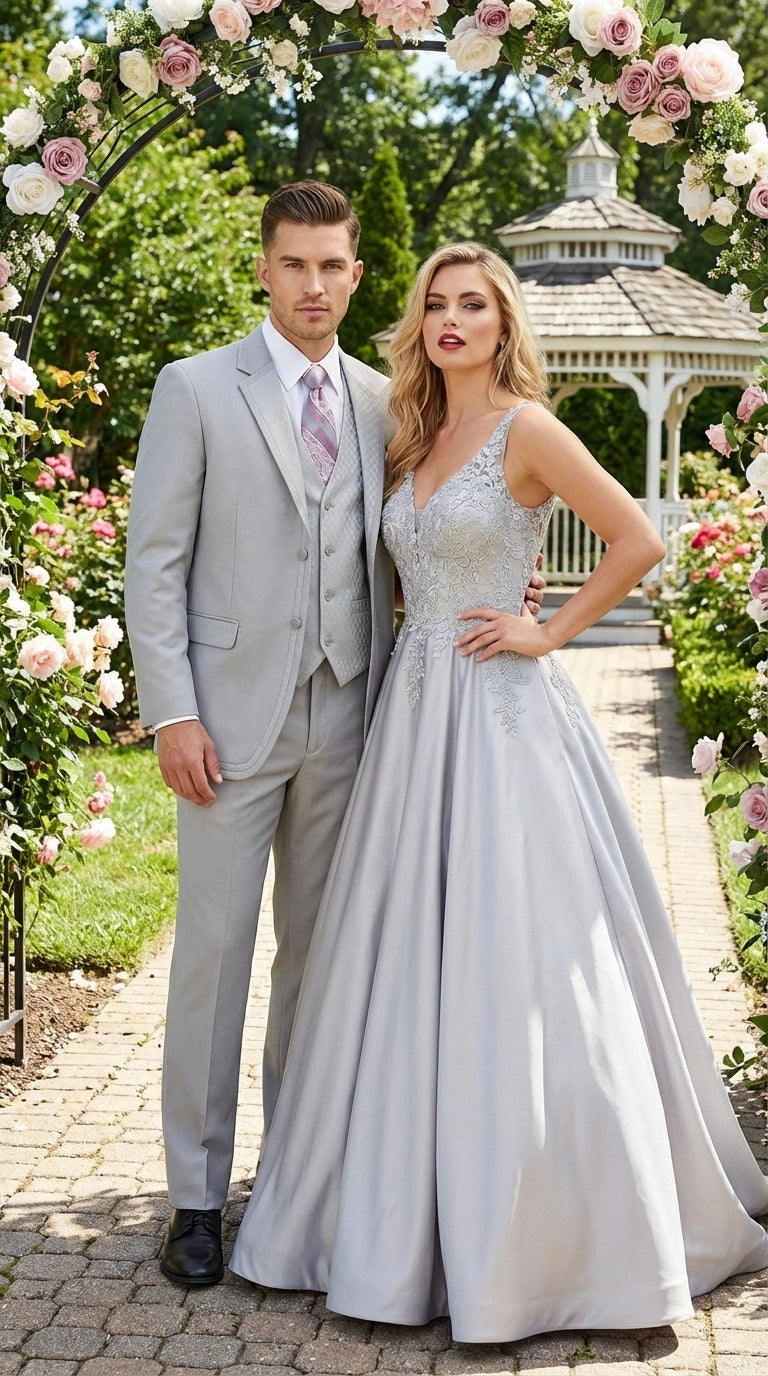 Men’s Light Gray 3 Piece Suit – Ice Silver Gray Formal Suit Set with Vest, Patterned Lapel and Tie for Wedding, Prom and Business Events - 34 Short or Extra Small