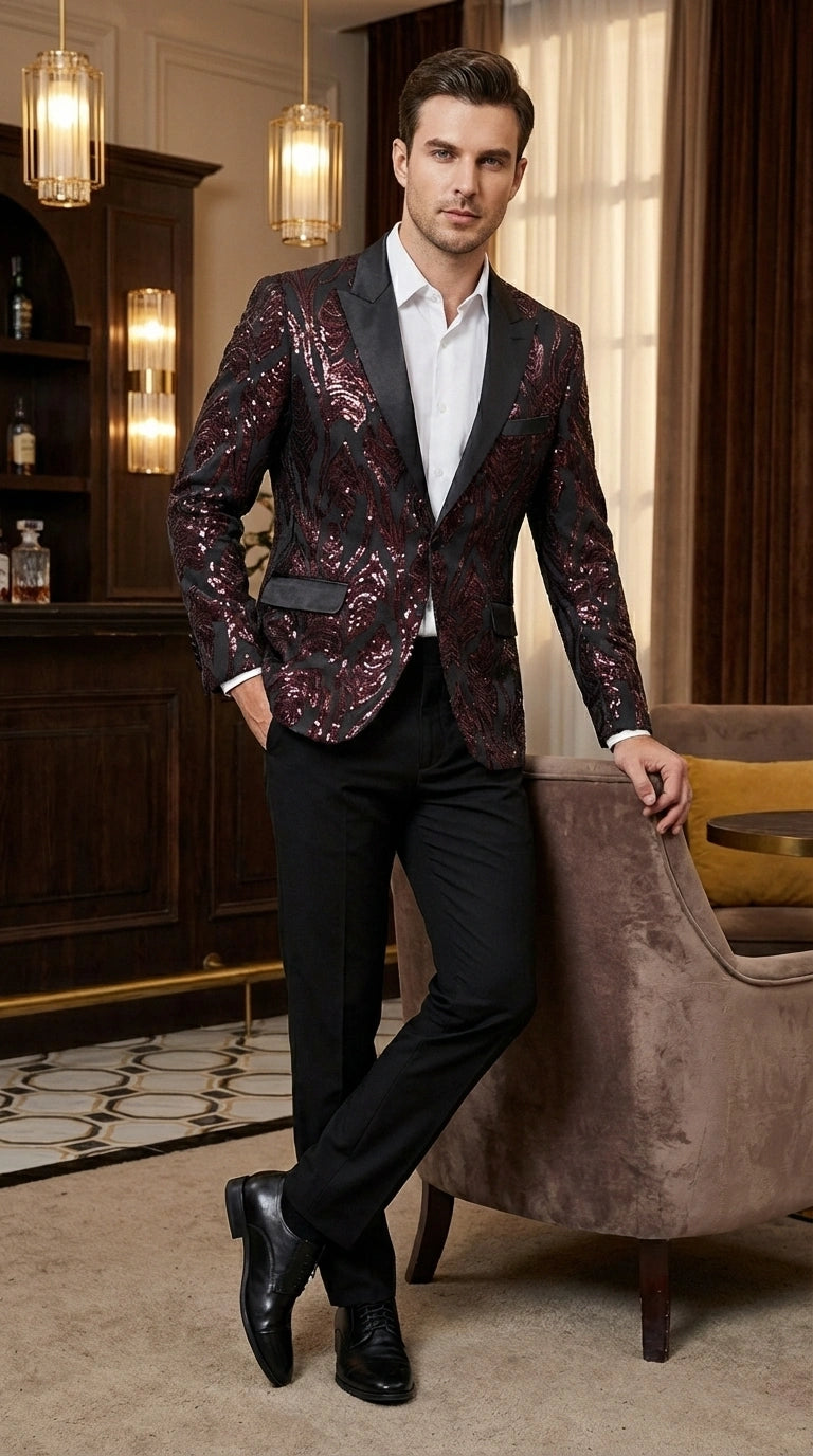 Men’s Black and Burgundy Sequin Blazer – Black Sparkle Sequin Party Blazer with Burgundy Pattern for Prom, Wedding Slim Fitted - 36 Short