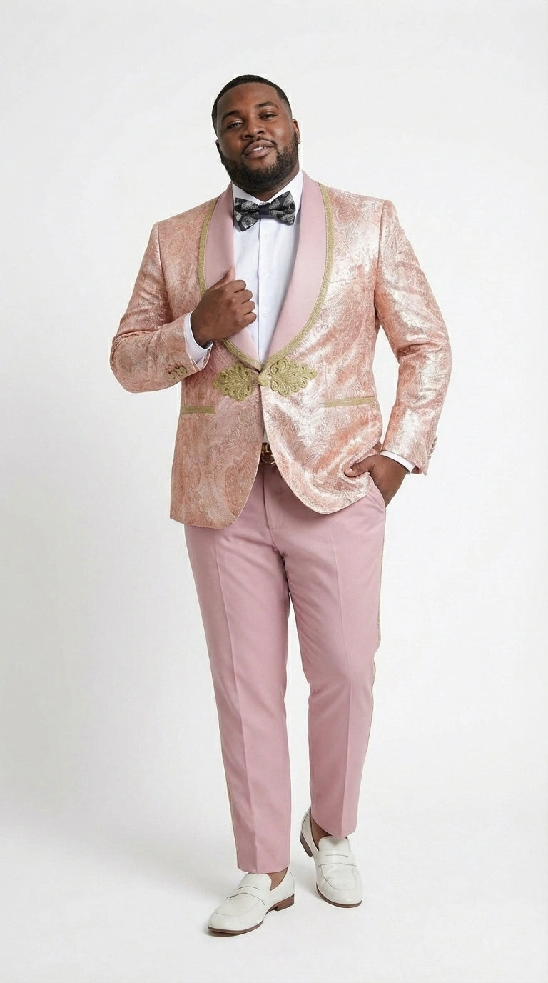 Men’s Rose Gold Pink Prom Tuxedo Suit – Slim Fit Paisley Pattern Formal Tuxedo Suit for Prom, Wedding and Special Events - 34 Short or Extra Small
