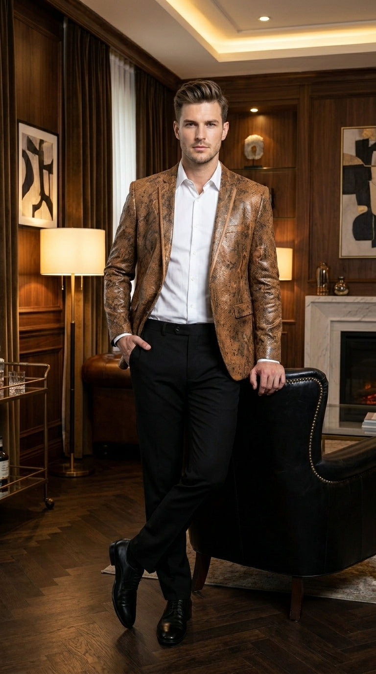 Men’s Brown Snakeskin Pattern Blazer – Stylish Exotic Print Formal Blazer Jacket for Party, Exotic Crocodile Alligator Print
