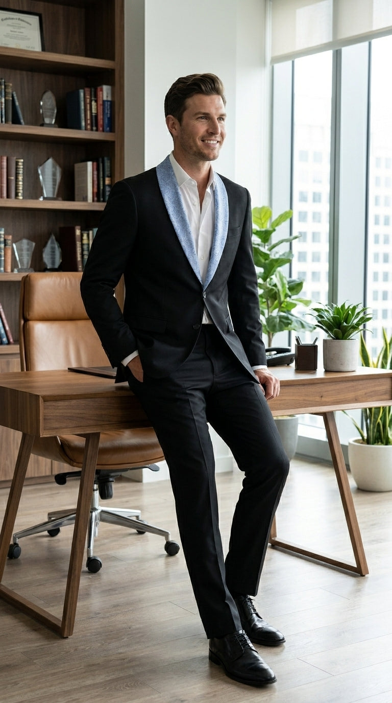 Men’s Black Suit with Light Blue Lapel – Modern Formal Tuxedo Style Suit for Wedding, Prom, Party and Sky Powder Blue Color - 34 Short or Extra Small