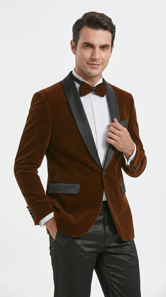Men’s Brown Camel Bronze Velvet Tuxedo Jacket, Shawl Lapel Wedding Prom Dinner Blazer - Blazer Sportcoat
