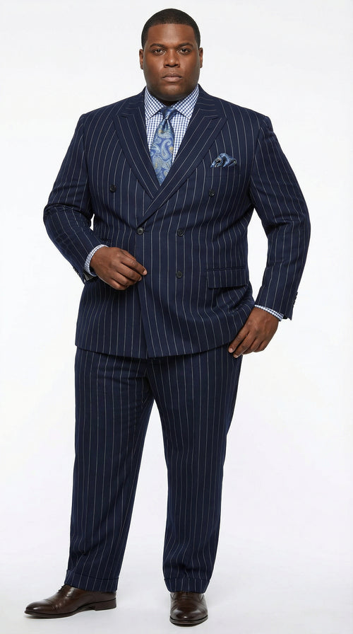Men's Navy Blue Double Breasted Pinstripe Suit Modern Fit By rossiman