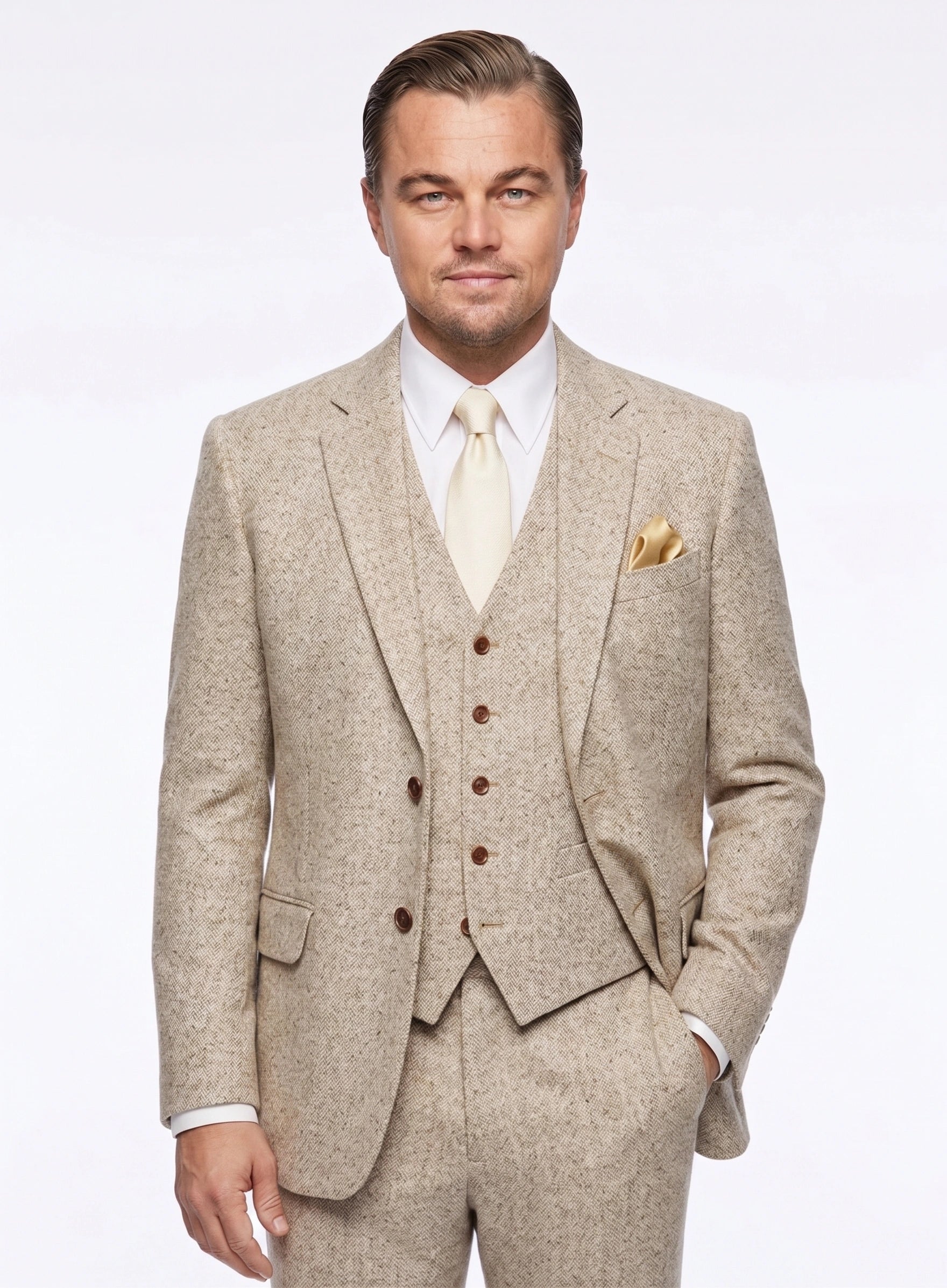 Men’s Light Tan Tweed Great Gatsby 3 Piece Suit – Vintage Vested Wedding Suit, 1920s Classic Formal Outfit Herringbone - 34 Short or Extra Small
