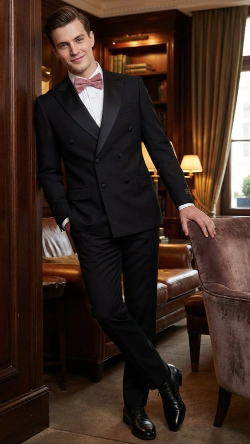 Tiglio Brand 100% Wool Super 150s Italian fabric Mens Classic Black Double-Breasted Tuxedo with Satin Peak Lapel Formal Wedding & Gala Suit Set