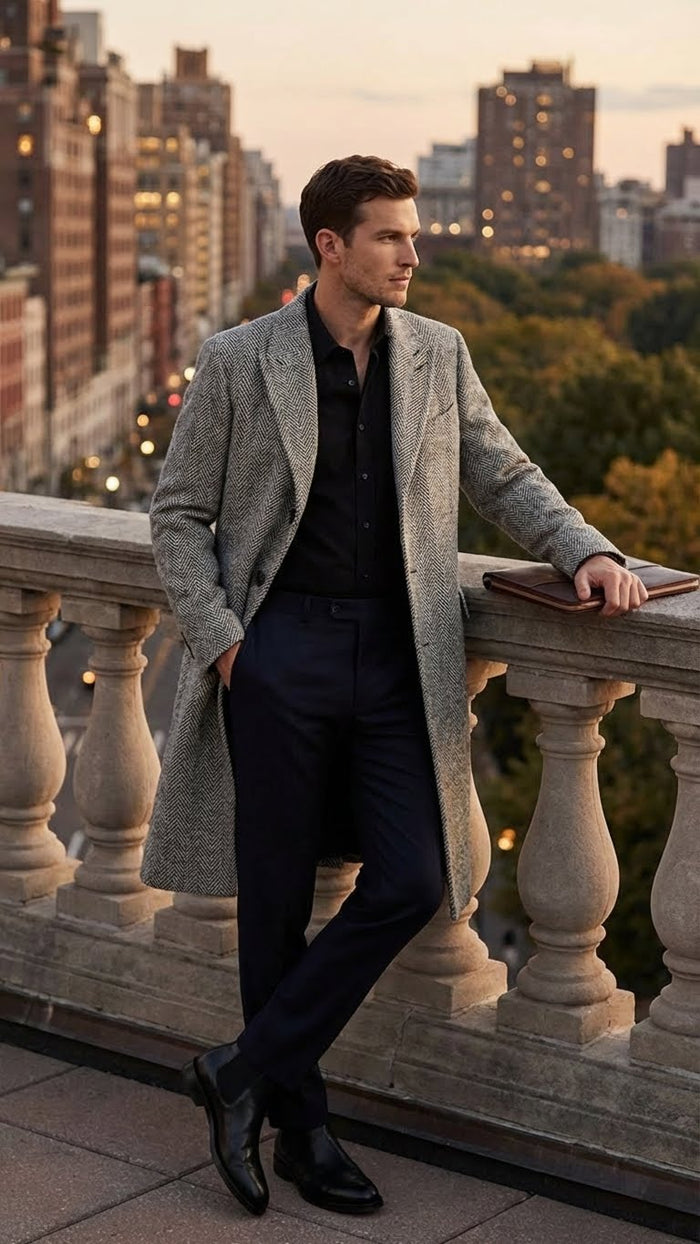 Mens Grey Herringbone Long Overcoat Tweed Black and White Pattern Wool Topcoat Three Qaurter