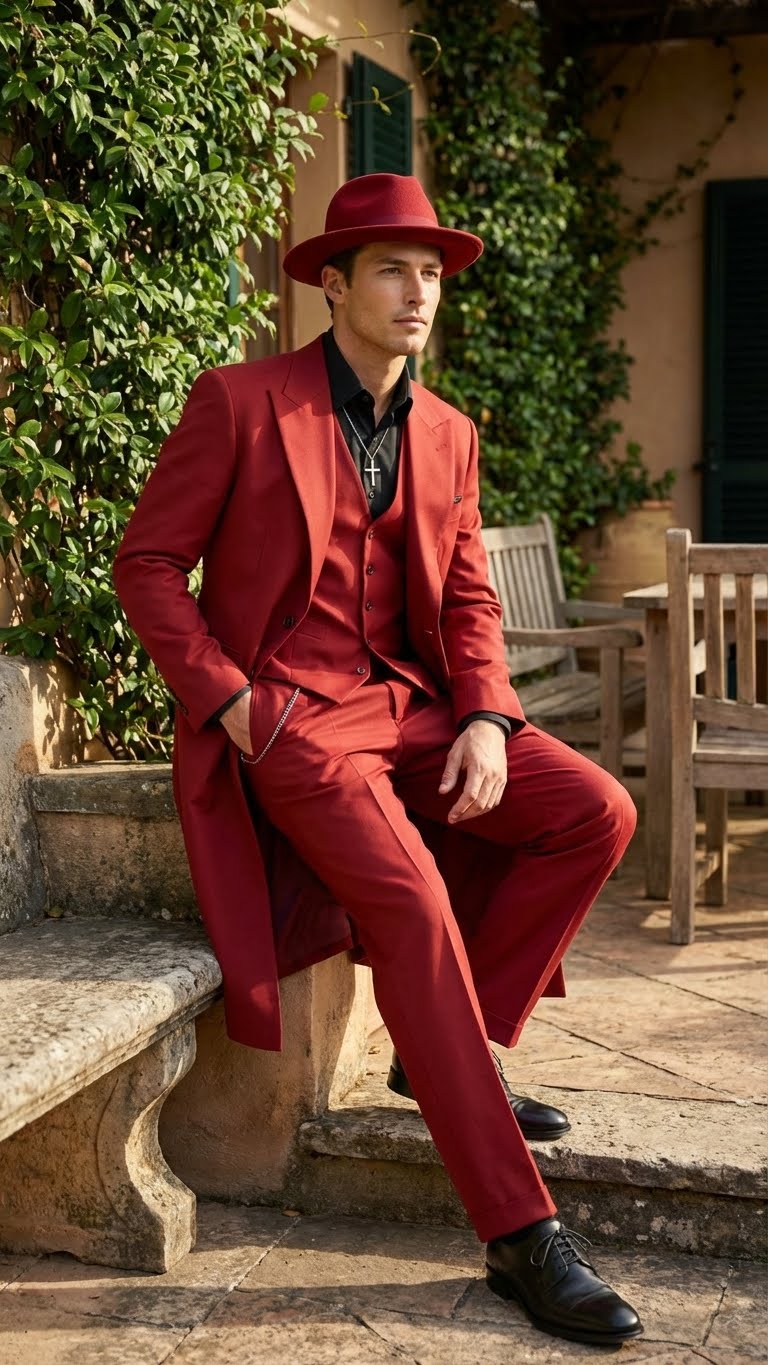 Men’s 1920s Red Zoot Suit – Long Mafia Gangster Three-Piece Vintage Outfit Zuit Pachuco Style - 34 Short or Extra Small
