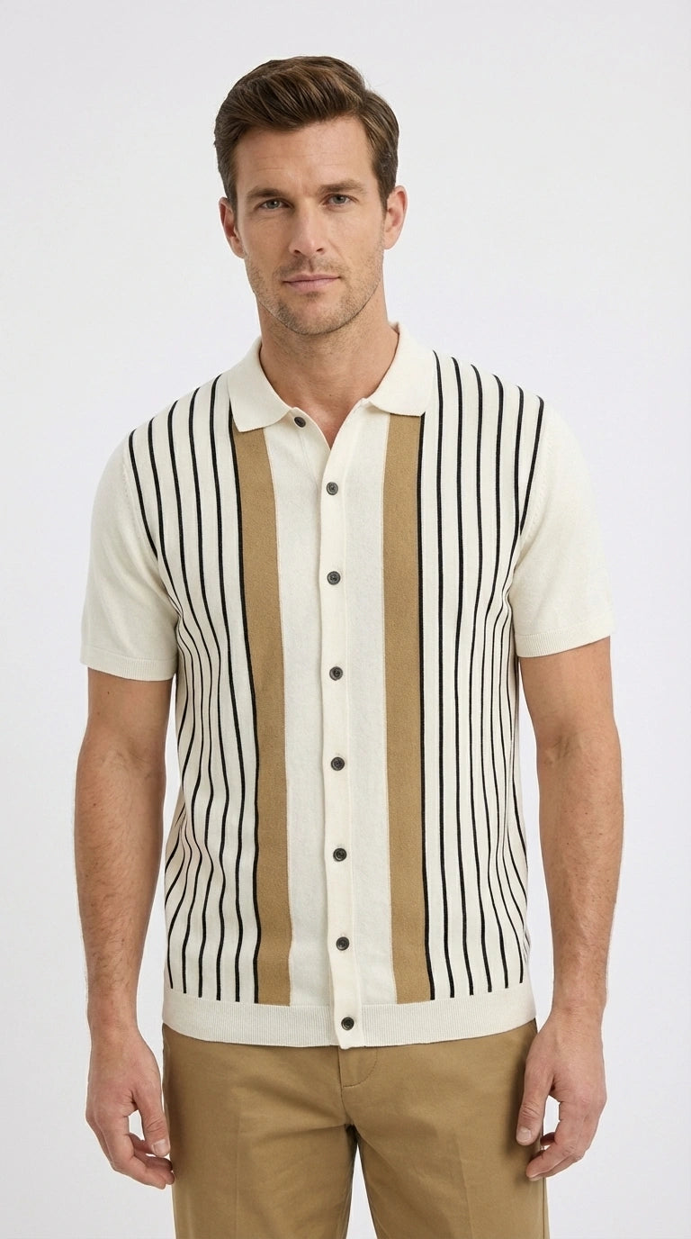 Mens Cream and Tan Striped Walking Suit Set – Casual Summer Short Sleeve Shirt and Pants Outfit for Vacation, Travel and Everyday Wear - S