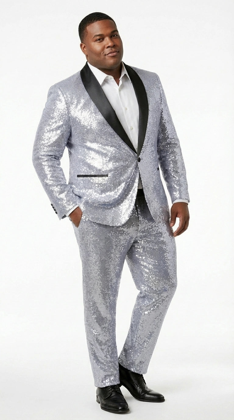 Mens Silver Grey Sequin Tuxedo Suit – Shiny Wedding Suit Set with Black Lapel for Prom, Party, Gala and Formal Evening Wear - 34 Short or Extra Small