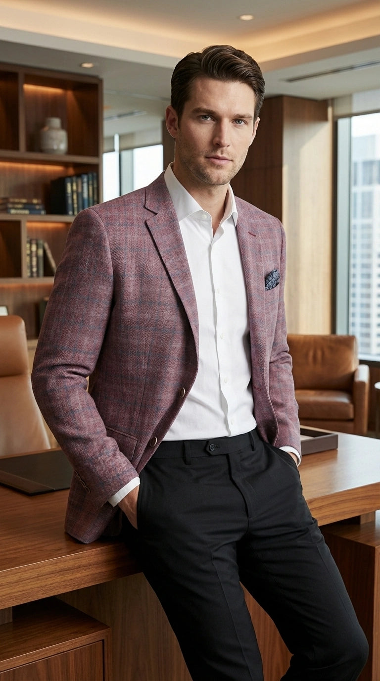 Mens Dusty Rose Mauve Pink with Tint of Blue Plaid Sport Coat Blazer – Classic Check Pattern Casual Blazer Jacket for Business Casual, Wedding - 36 Short