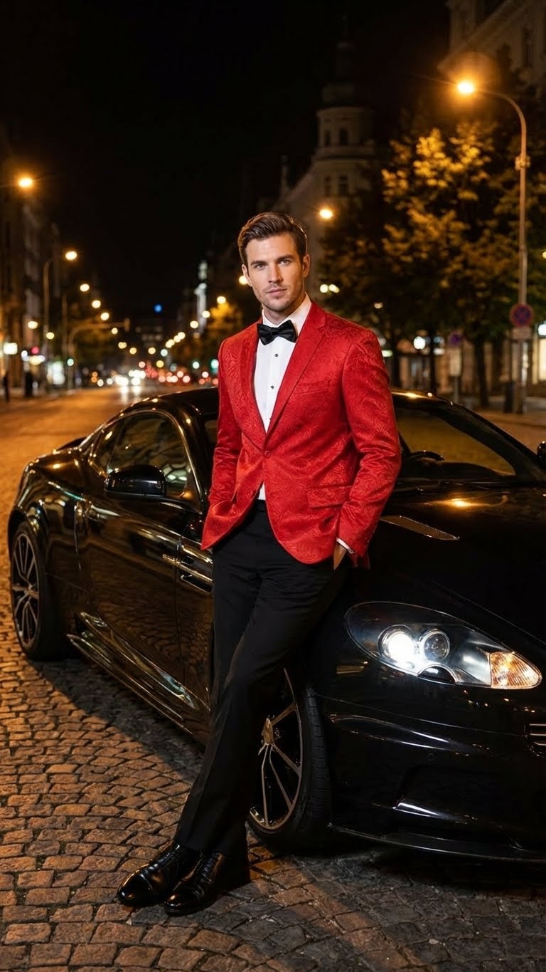 Menâ€™s Red Paisley Velvet Blazer - Christmas new year Sport Coat Jacket - Prom 2026 Collection - 36 Short