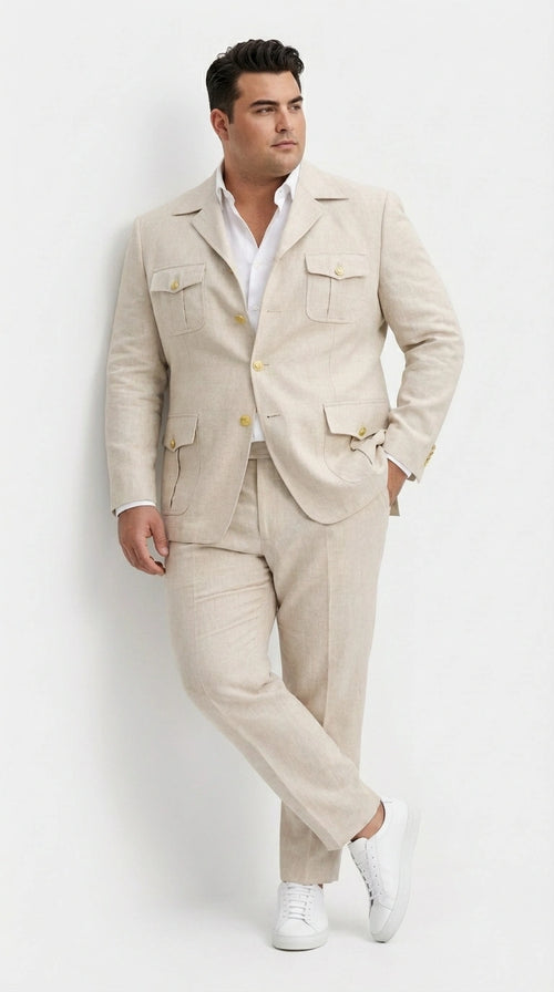Mens Tan Beige Safari Military Walking Suit Set – Casual Two Piece Outfit Lightweight Summer Blazer and Pants Set Classic Casual Wear