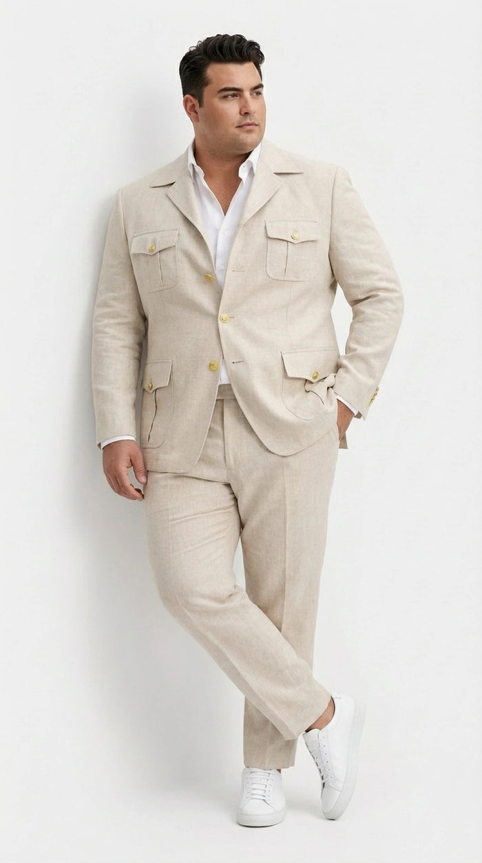 Mens Tan Beige Safari Military Walking Suit Set – Casual Two Piece Outfit Lightweight Summer Blazer and Pants Set Classic Casual Wear