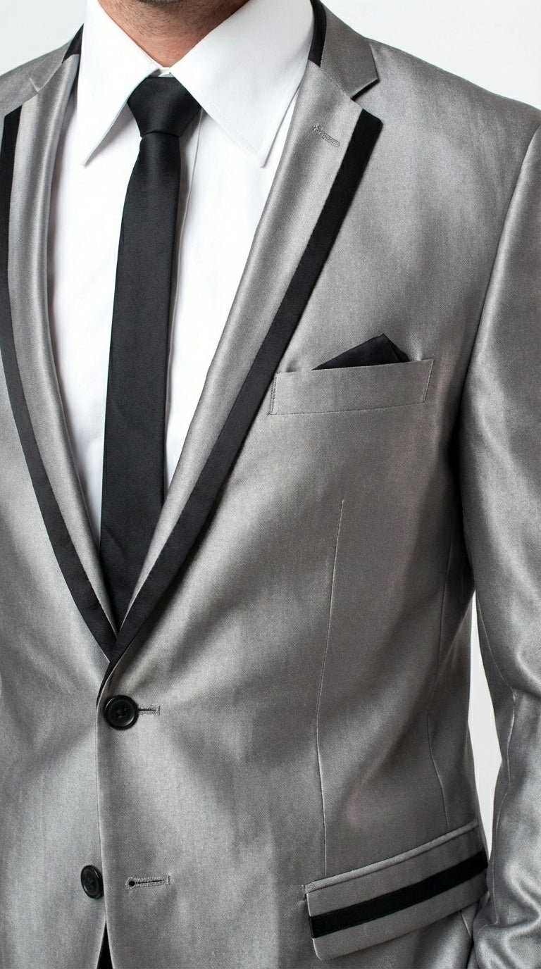 Men’s Silver Sharkskin Tuxedo Suit with Black Piping – Shiny Two Button Formal Suit for Wedding, Prom and Party Wear - 34 Short or Extra Small