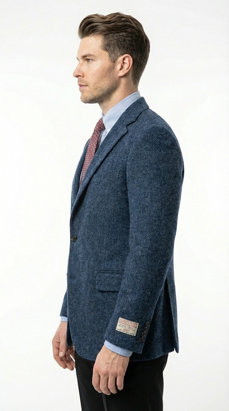 Mens Light Blue Tweed Blazer Sport Coat – Classic Herringbone Jacket Formal Business Casual Smart Outerwear in indigo cobalt blue - 36 Short