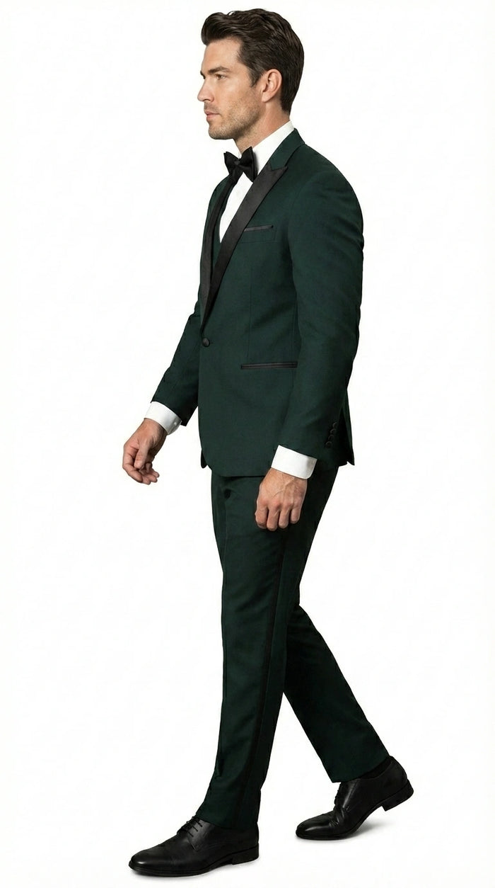 Men’s Hunter Green Tuxedo Suit 3 Piece – One Button Peak Lapel Designer Formal Suit for Wedding,  Light Weight Wool By Statement Dark Green