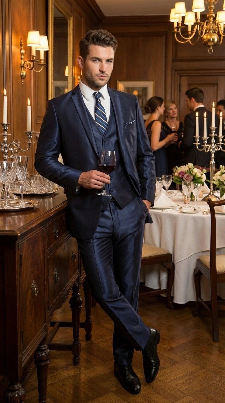 Men’s Navy Blue Sharkskin 3 Piece Suit – Two Button Vested Shiny Formal Suit for Wedding, Prom, Business and Party Wear - 34 Short or Extra Small