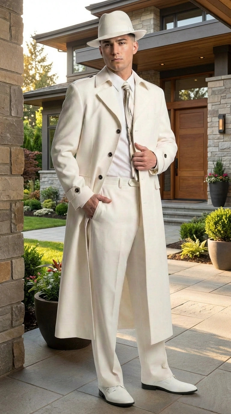 Men’s Ivory Cream Off White  Full Length Zoot Suit – Vintage Gangster Style Long Coat Formal Suit - Coat Size 38