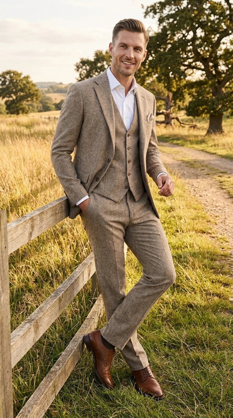 Men’s Light Beige Herringbone Tweed Suit with Vest – Classic Three Piece Formal Suit, Vintage Business Wedding Outfit, Elegant Smart Casual Wear - 34 Short or Extra Small