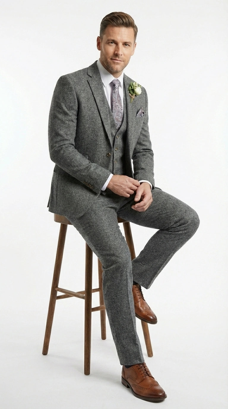 Men’s Peaky Blinder Light Grey Tweed Suit with Vest – Classic Three Piece Formal Suit, Vintage Wedding Business Outfit - 34 Short or Extra Small