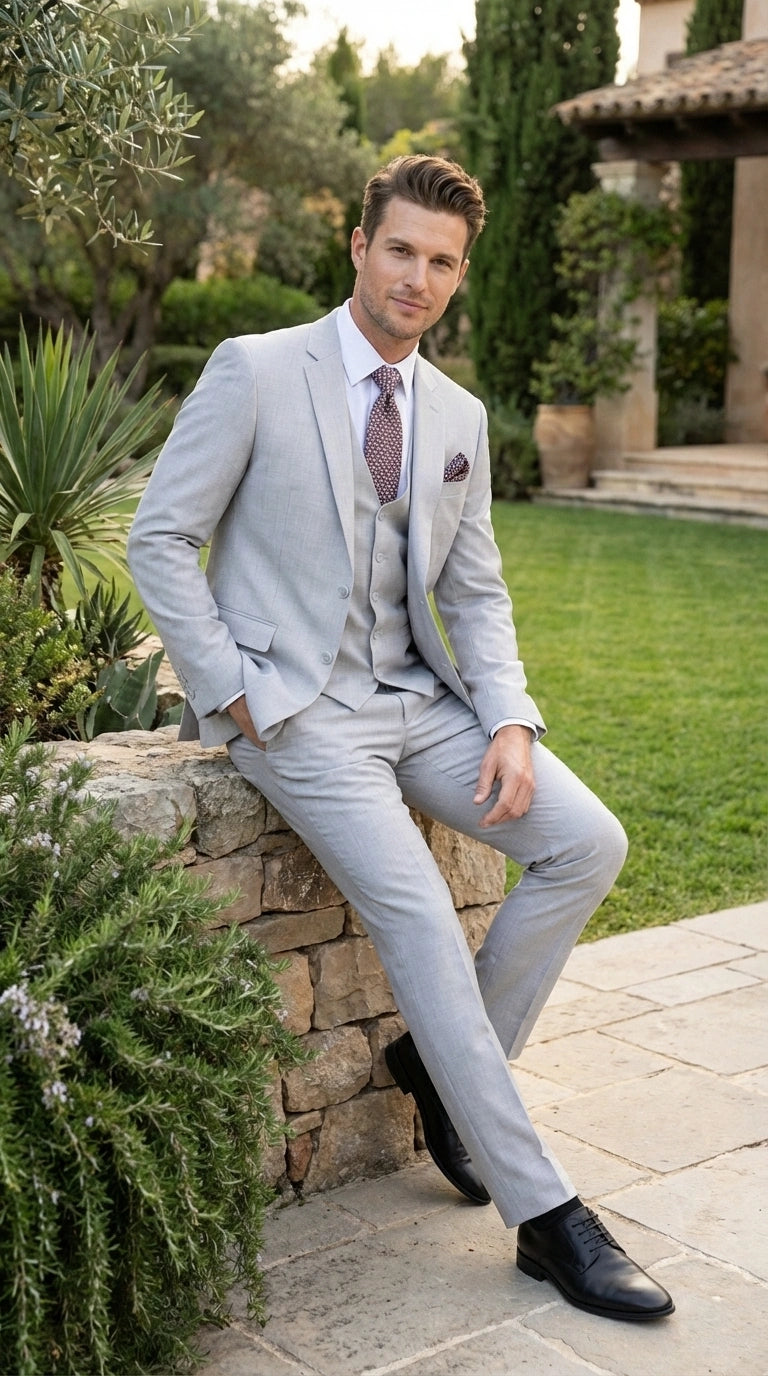 Men’s Light Grey Sharkskin 3 Piece Suit – Two Button Vested Modern Formal Business Suit for Wedding in silver Ice Gray - 34 Short or Extra Small