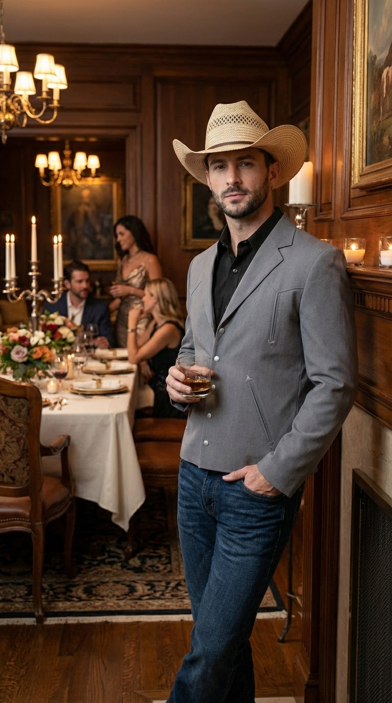 Mens Gray Western Blazer Set – Cowboy Style Jacket and Pants Outfit Classic Country Western Suit - 36 Short