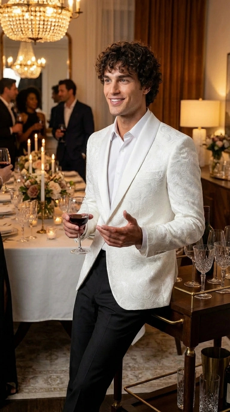 Men’s White Paisley Disco Blazer 1980s Style Jacket – Shawl Lapel Formal Party Blazer, Elegant Masquerade Club Wear, Stylish Evening Outfit - 36 Short
