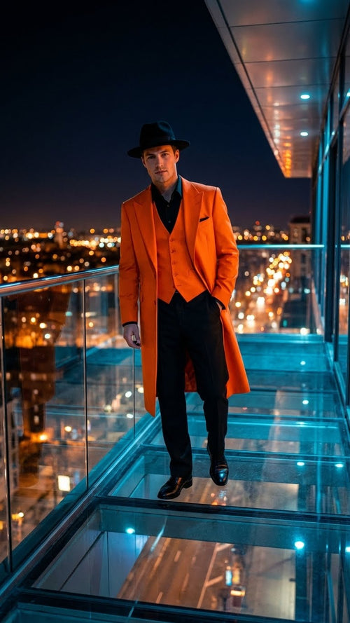 Mens halloween Costume Orange Long Zoot Suit Set With Black Shirt and Black Pants included