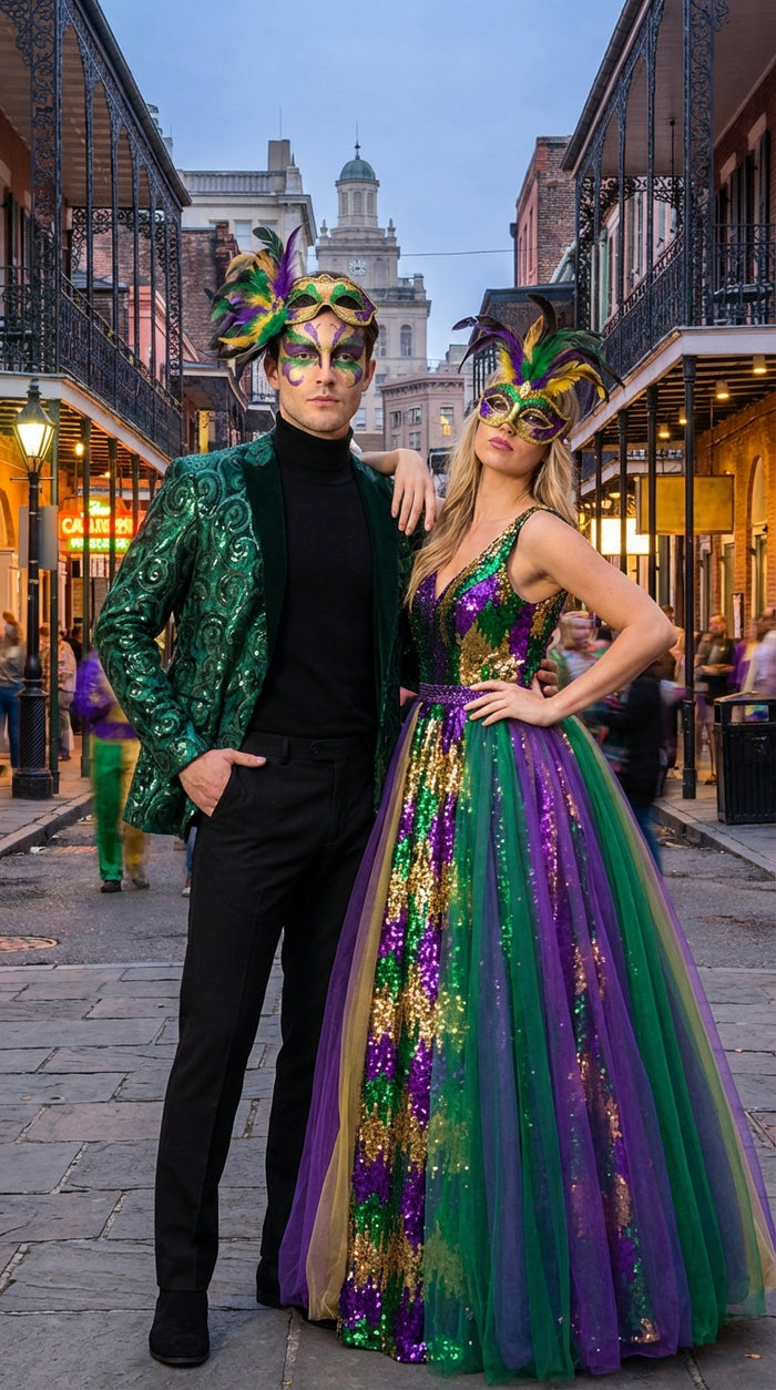Mens Emerald Green Mardi Gras Blazer with Black Satin Lapel Paisley Swirl Pattern Formal Party Jacket