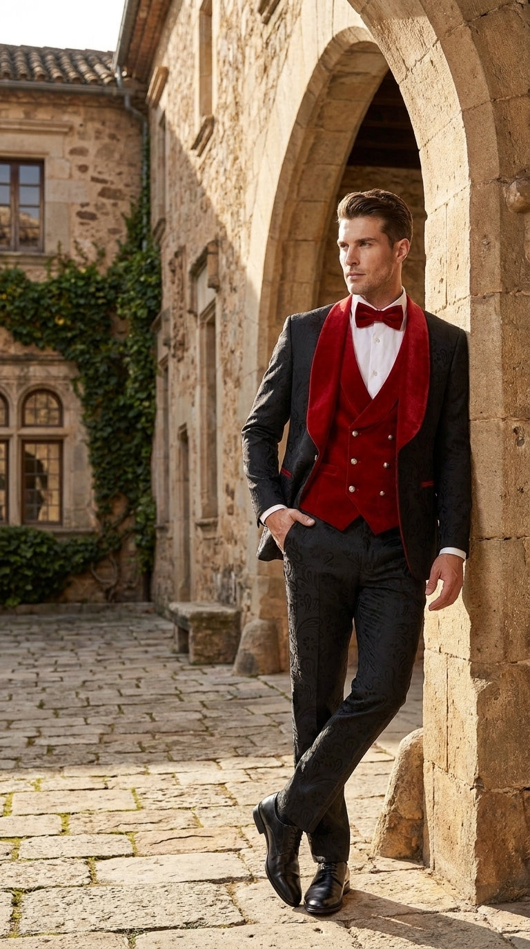 Men’s Black Paisley Tuxedo with Red Velvet Shawl Lapel – 3 Piece Wedding Prom Suit With Matching Bowtie - 34 Short or Extra Small