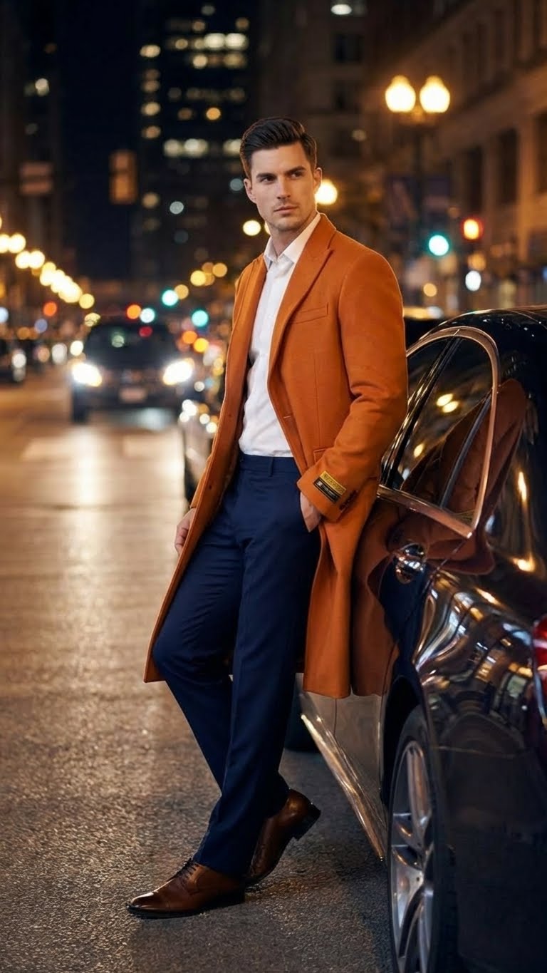 Men’s Orange - Rust Wool Blend Long Overcoat – Topcoat Carcoat Topcoat - Coat Size 38