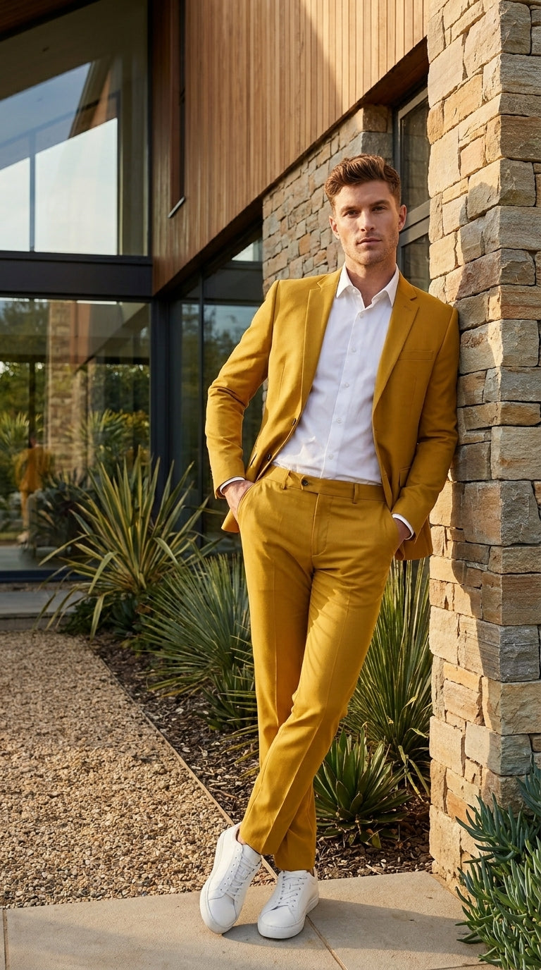 Men’s Gold Mustard Color Suit – Wedding & Prom Formal Suit Outfit, Modern Blazer and Pants - 34 Short or Extra Small