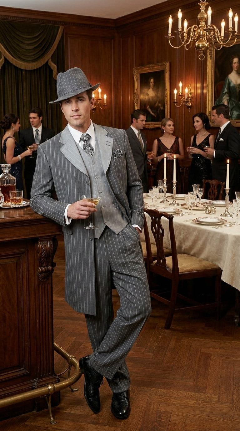 Men’s Grey Pinstripe Zoot Suit 3 Piece – 1920s Gangster Vintage Wide Lapel Suit with Vest for Wedding, Party