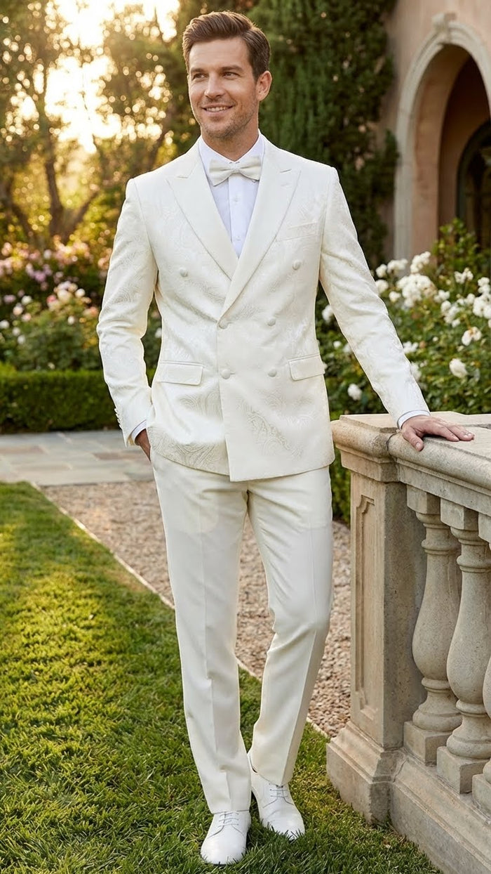Mens Ivory Double Breasted Tuxedo Dinner Jacket Textured Blazer Paisley Texture Pattern in Off White Cream Color + Bowtie