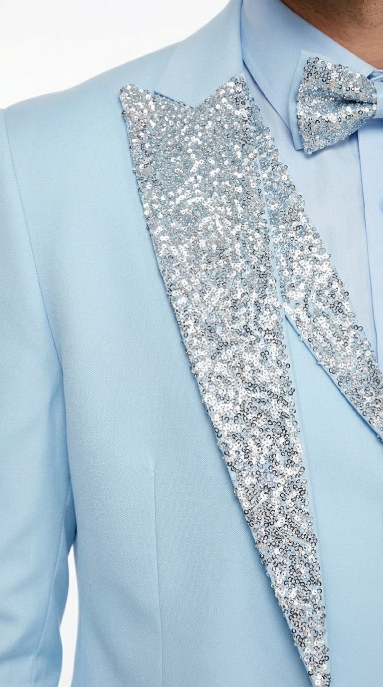 Men’s Light Blue Suit with Silver Glitter Lapel – Light Blue Formal Tuxedo Suit for Prom, Wedding and Special Occasion Wear in Sky Baby Blue - 34 Short or Extra Small