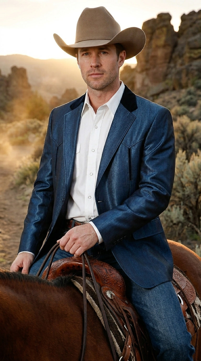 Men’s Sapphire Indigo Western Cowboy Blazer – Classic Western Style Jacket, Country Casual Dress Blazer in Navy Blue with sheen - 36 Short