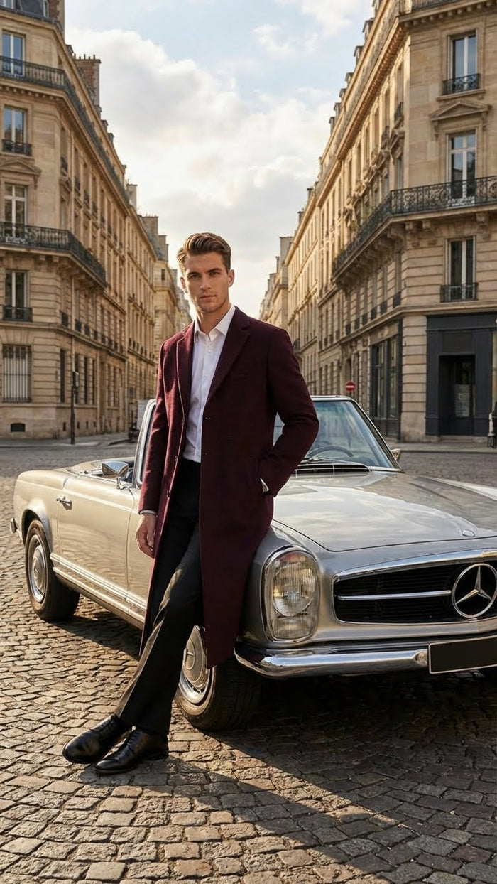 Mens Burgundy Long Coat Classic Fit Wool Blend Overcoat - Topcoat Full length