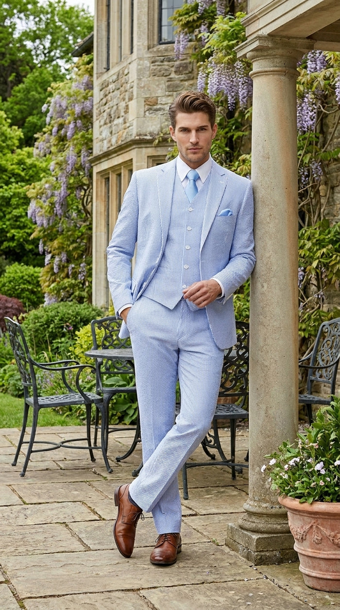 Cheap priced Suit - Mens 2 Button Jacket + Pants Summer Seersucker Blue Suit