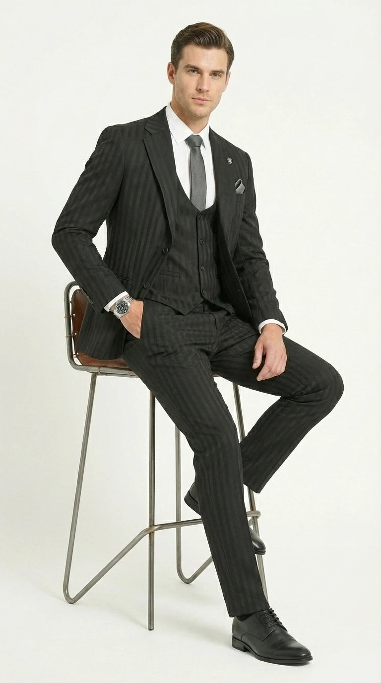 Men’s Black Pinstripe 3 Piece Suit – Vested Formal Business Suit for Wedding, Office, Prom and Party Wear - 34 Short or Extra Small