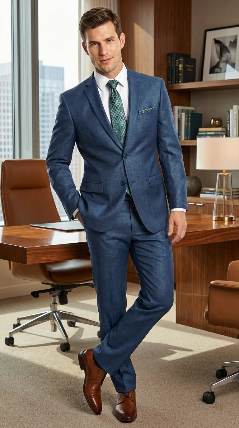 Men’s Indigo Blue Sharkskin Suit – Textured Shiny Formal Suit for Wedding, Business, 2 Buttons Slim Fitted - 34 Short or Extra Small