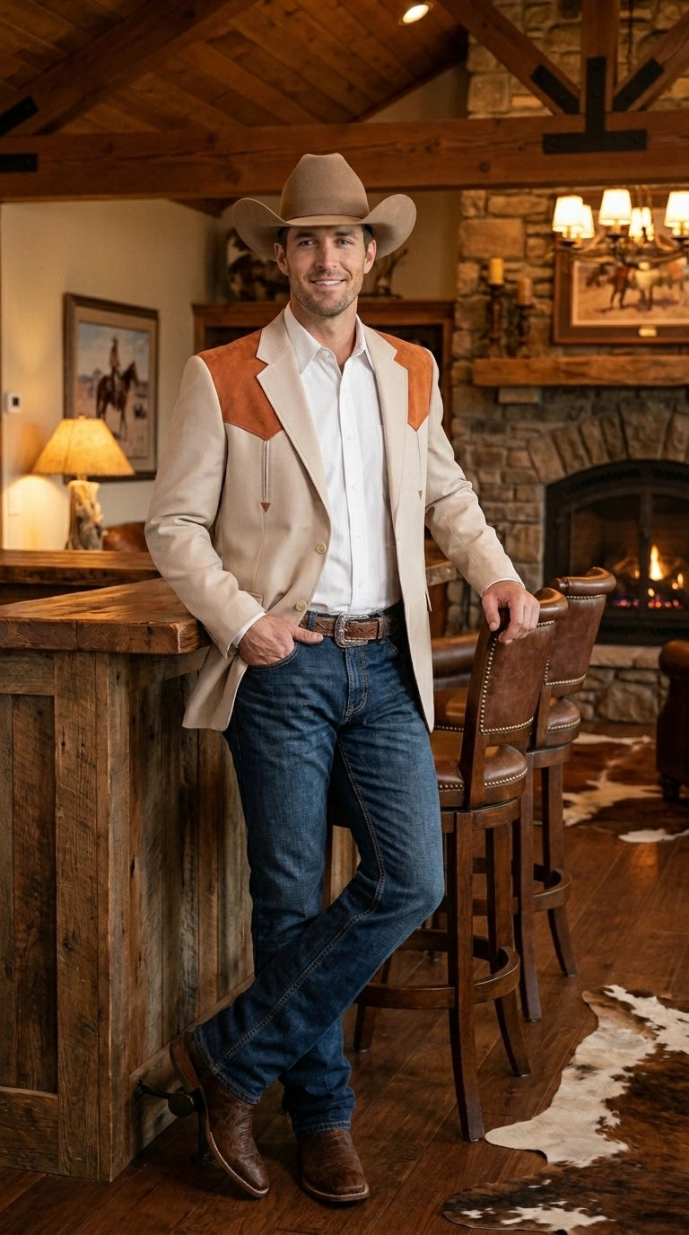 Men’s Tan Beige and Rust Western Cowboy Blazer – Classic Country Style Jacket, Vintage Western Dress Blazer for Men Country Jacket - 36 Short