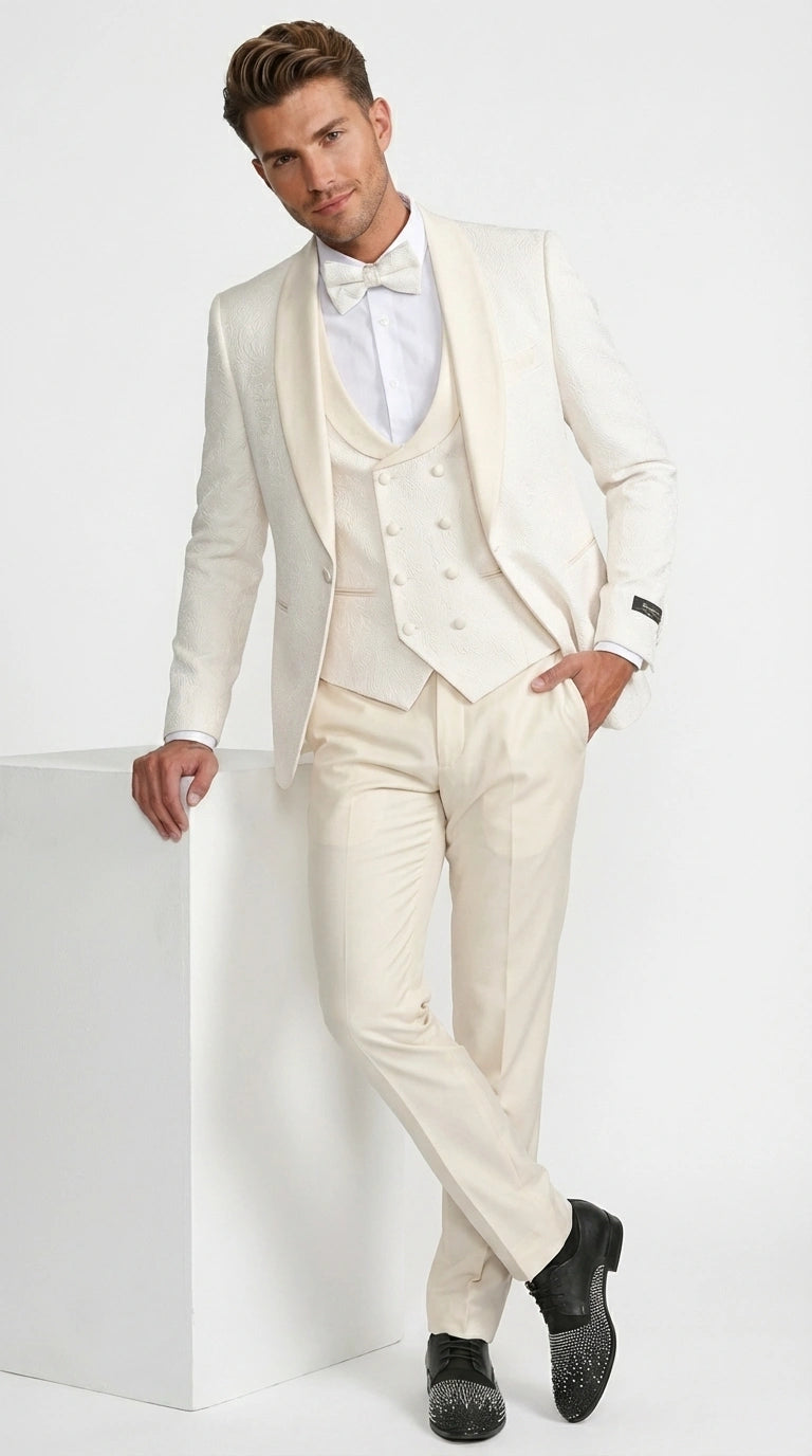 Men’s Ivory Paisley Tuxedo Suit 3 Piece – One Button Vested Satin Formal Suit for Wedding in Off white Cream Color - 40