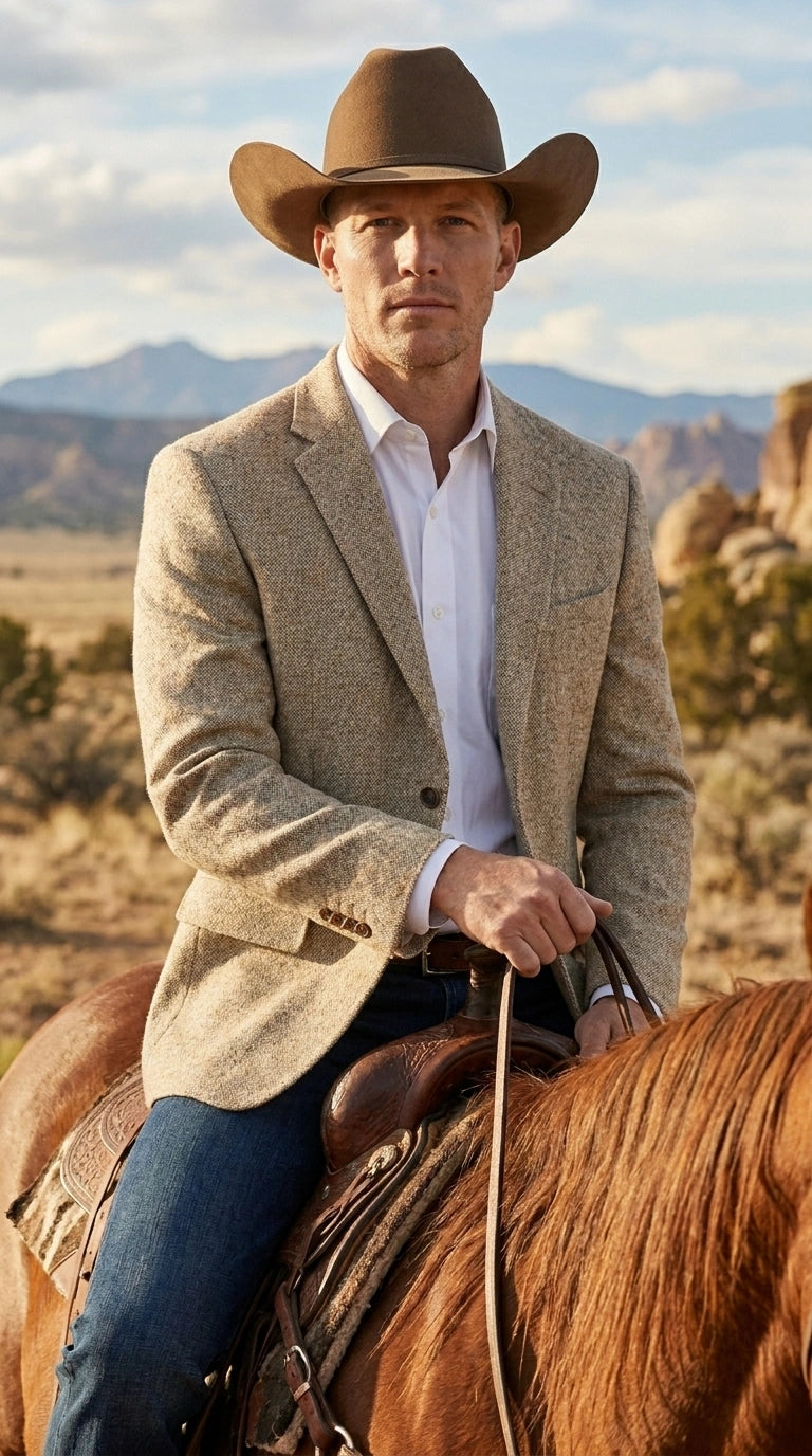 Men’s Light Tan Sand Tweed Cowboy Blazer – Country Style Western Jacket for Casual, Ranch, Saco Para Vaquero - 36 Short